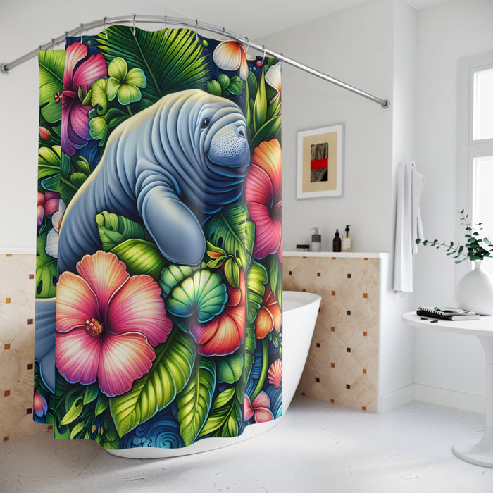 Manatee Tropical Floral Shower Curtain | Coastal Beach Bathroom Decor Polyester
