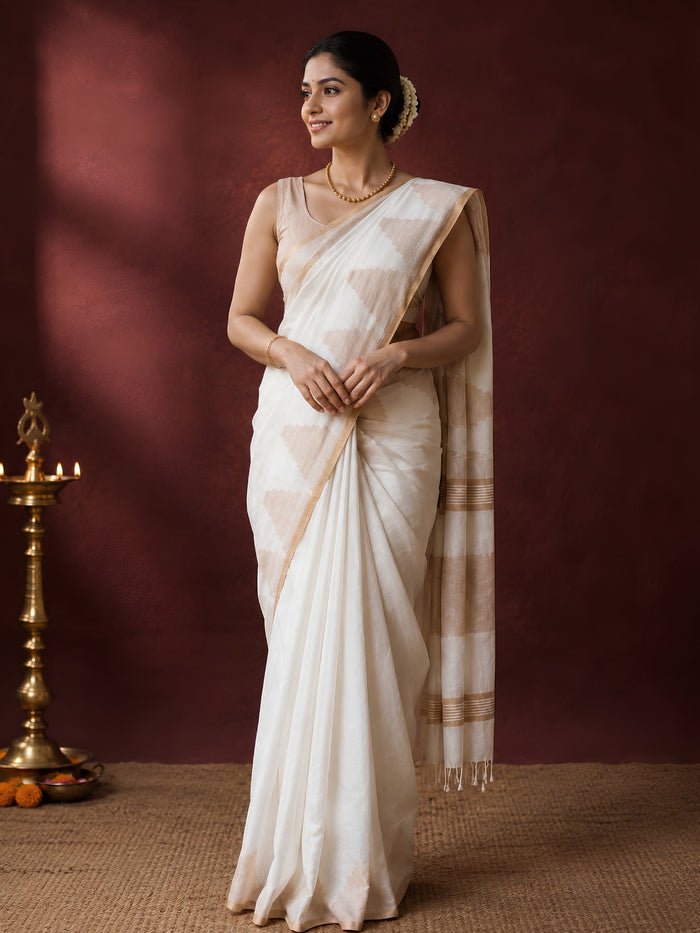 Indiehaat | Ivory White Pure Linen Temple Border Saree