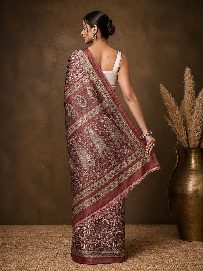 Indiehaat | Kashmiri Silk Printed Saree Maroon & Dusty Rose