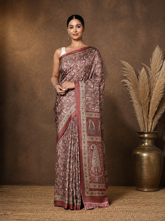 Indiehaat | Kashmiri Silk Printed Saree Maroon & Dusty Rose