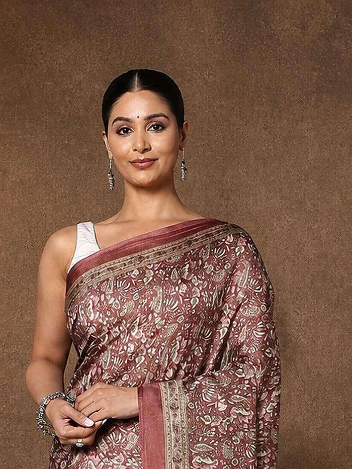 Indiehaat | Kashmiri Silk Printed Saree Maroon & Dusty Rose