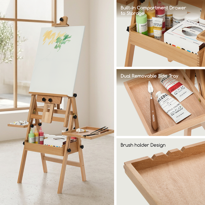 MEEDEN Painting Easel with Storage: H-Frame Beech Wood Art Easel - Natural