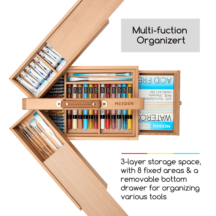 MEEDEN Wooden Artist Storage Box – Portable Foldable Organizer with Drawer - HBX-7