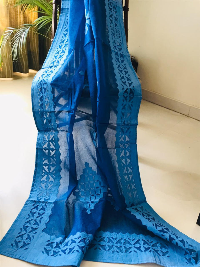 Organdy Cotton Saree Applique work Navy Blue Colour with running blouse-Indiehaat