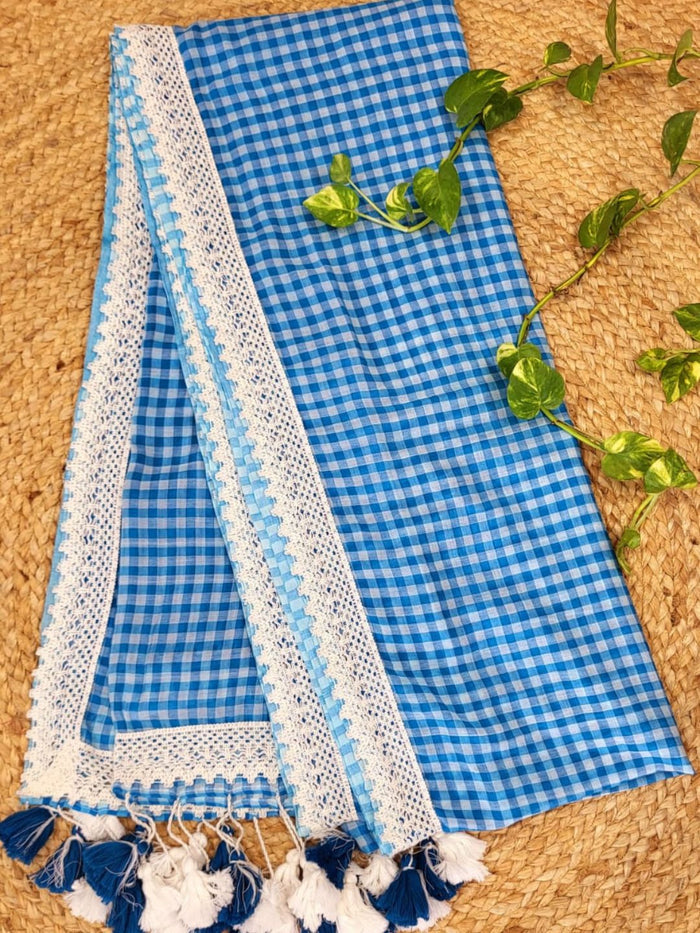 Indiehaat | Blue Pure Mul Cotton Handloom Saree