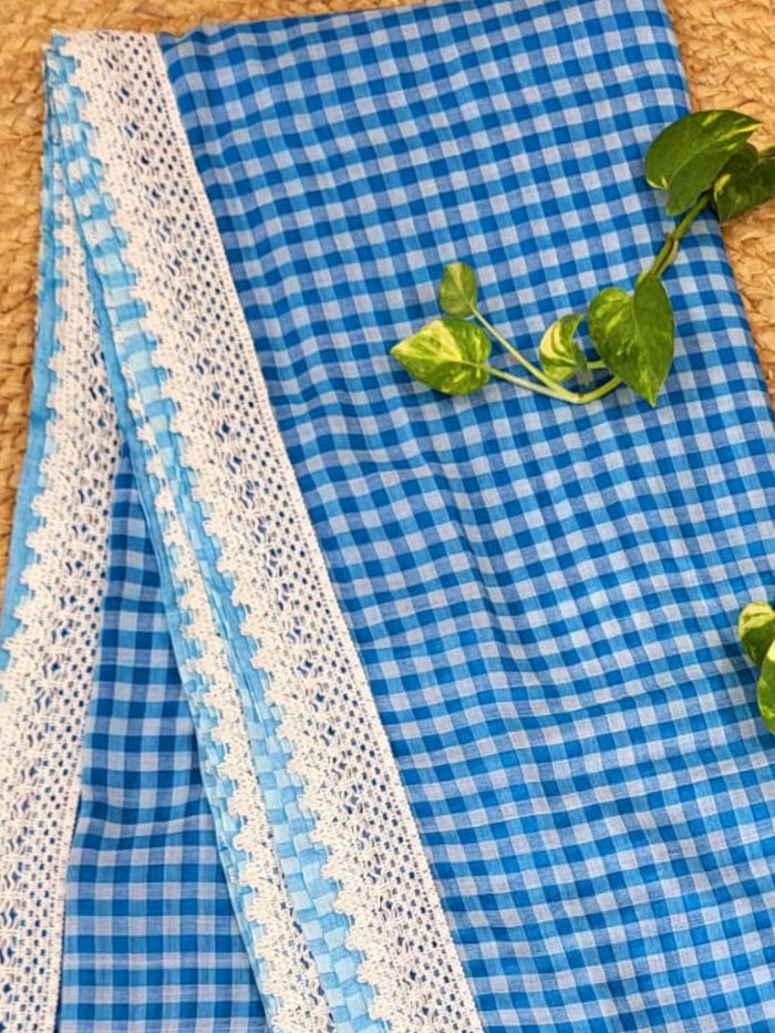 Indiehaat | Blue Pure Mul Cotton Handloom Saree