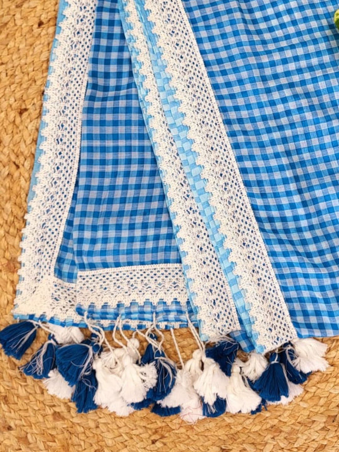Indiehaat | Blue Pure Mul Cotton Handloom Saree