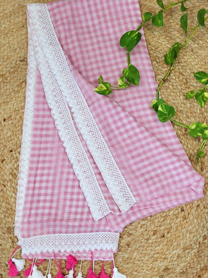 Indiehaat | Pink Pure Mul Cotton Handloom Saree