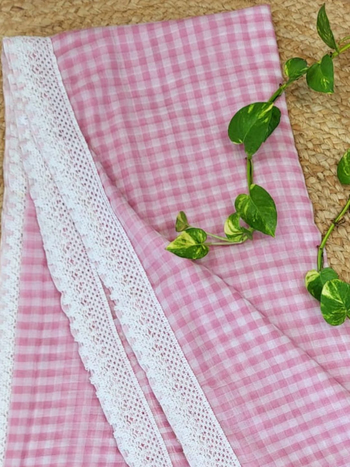 Indiehaat | Pink Pure Mul Cotton Handloom Saree