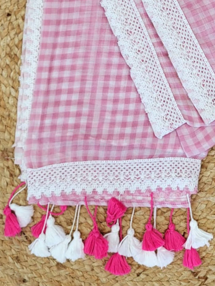 Indiehaat | Pink Pure Mul Cotton Handloom Saree