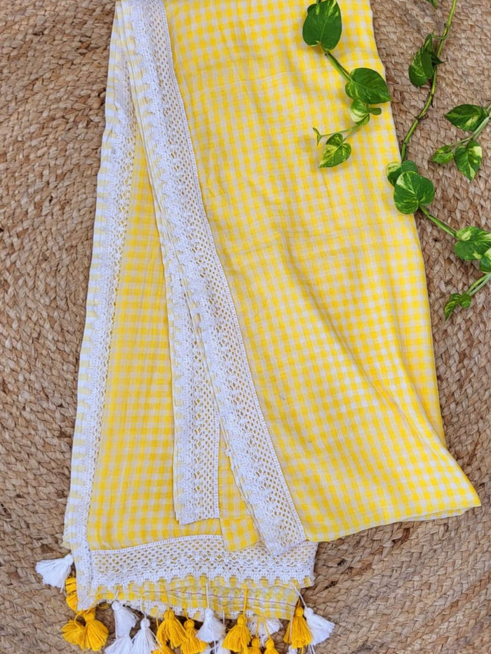 Indiehaat | Yellow Pure Mul Cotton Handloom Saree