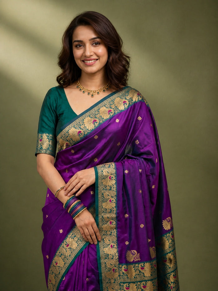 Indiehaat | Paithani Silk Peacock Saree Violet