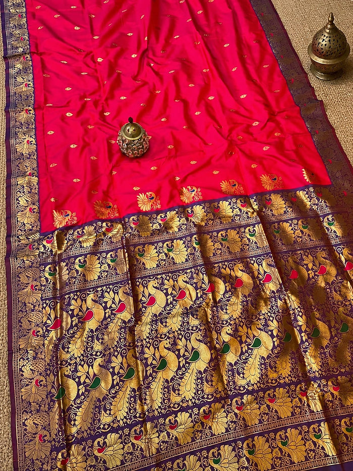 Indiehaat | Paithani Silk Peacock Saree Red