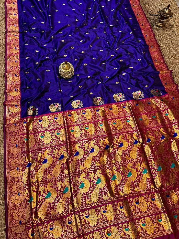 Indiehaat | Paithani Silk Peacock Saree Blue