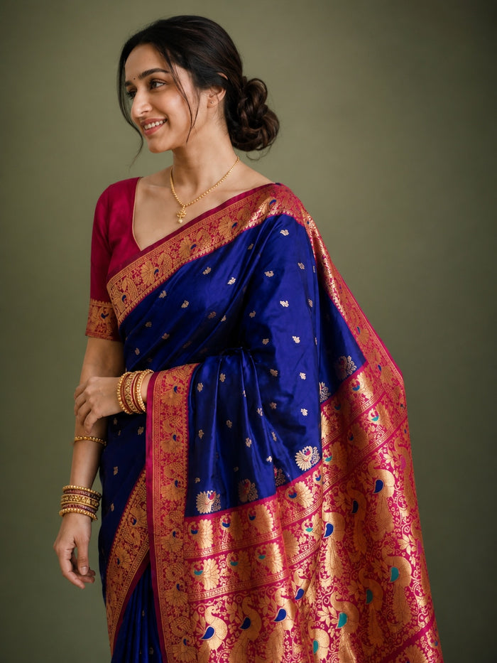 Indiehaat | Paithani Silk Peacock Saree Blue