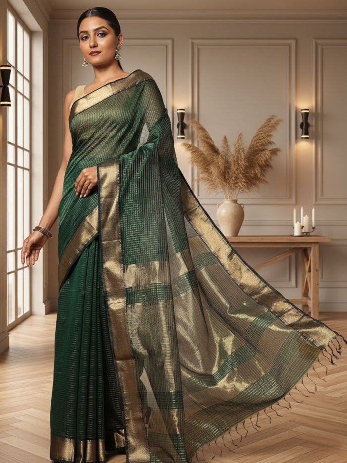 Misty dark green handloom Maheshwari silk saree with fine checks and a broad golden zari border