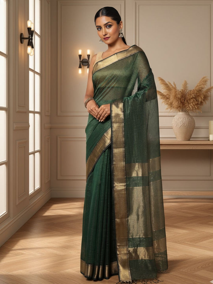 Misty dark green handloom Maheshwari silk saree with fine checks and a broad golden zari border