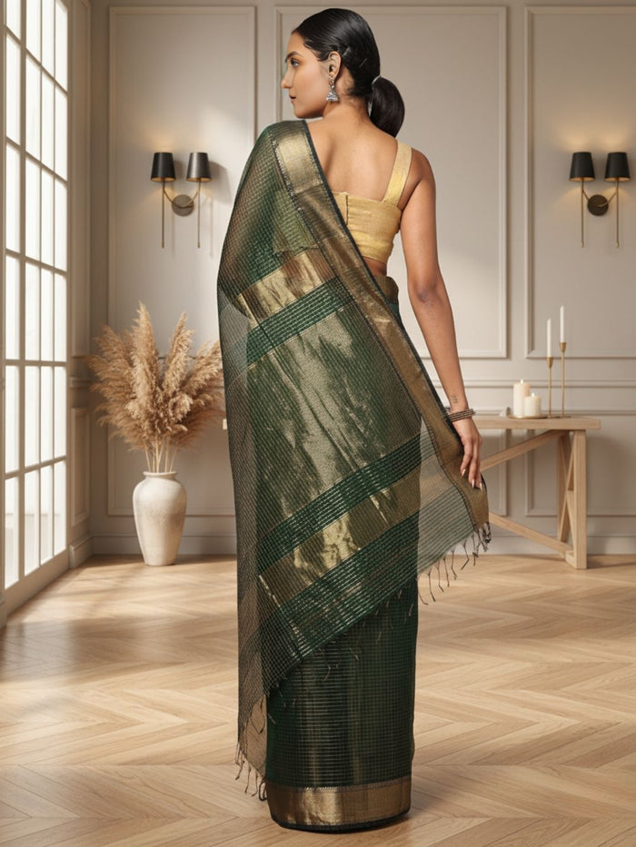 Misty dark green handloom Maheshwari silk saree with fine checks and a broad golden zari border