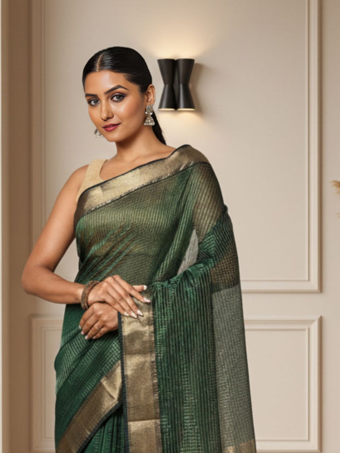 Misty dark green handloom Maheshwari silk saree with fine checks and a broad golden zari border