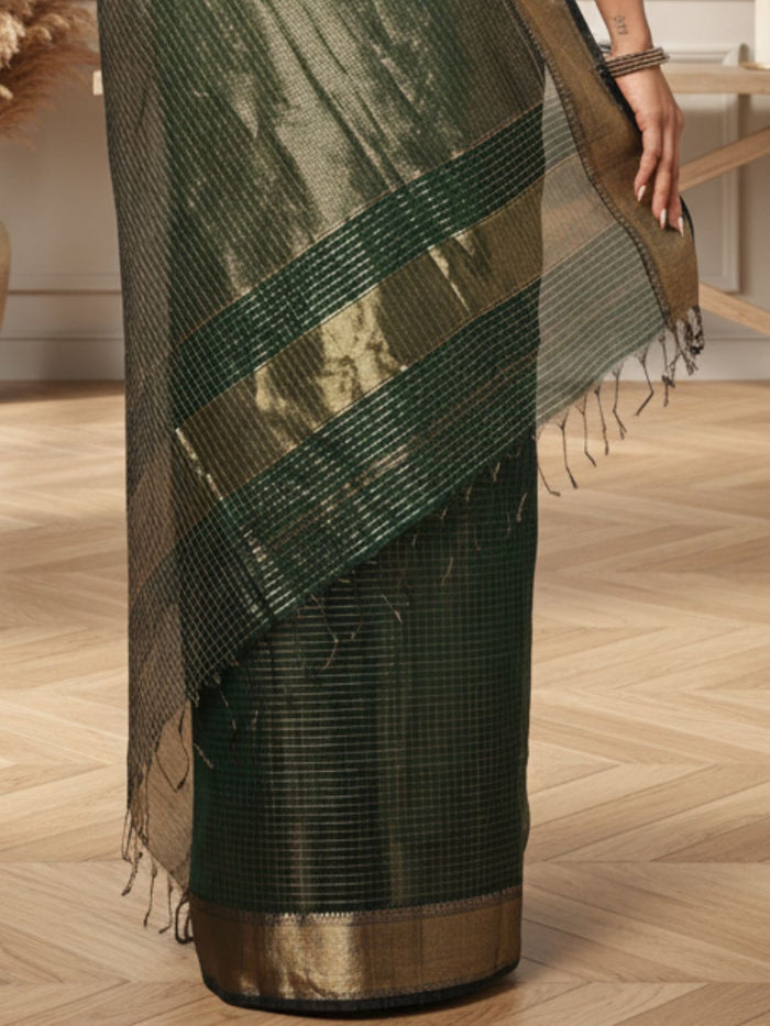 Misty dark green handloom Maheshwari silk saree with fine checks and a broad golden zari border