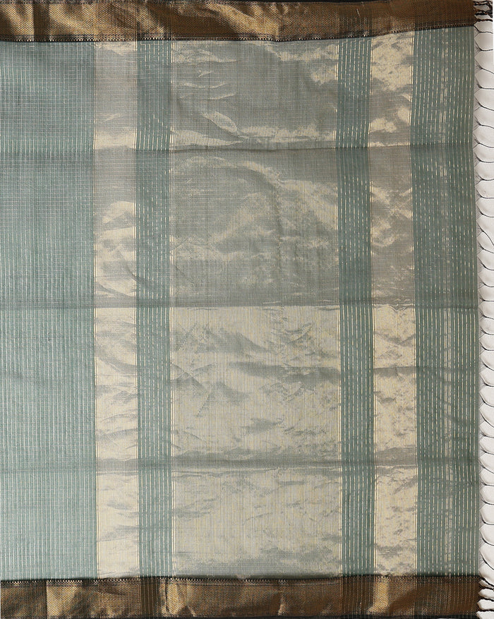 Misty dark green handloom Maheshwari silk saree with fine checks and a broad golden zari border