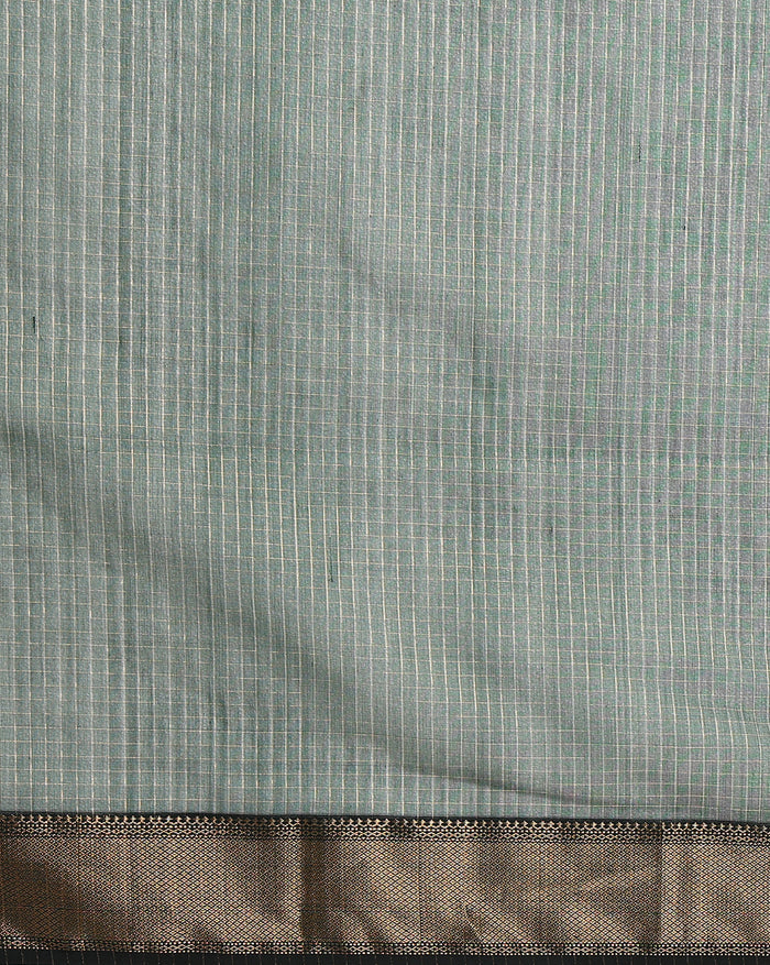 Misty dark green handloom Maheshwari silk saree with fine checks and a broad golden zari border