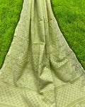 Kota Doria Saree Pastel Green Color Chikankari work without blouse - IndieHaat