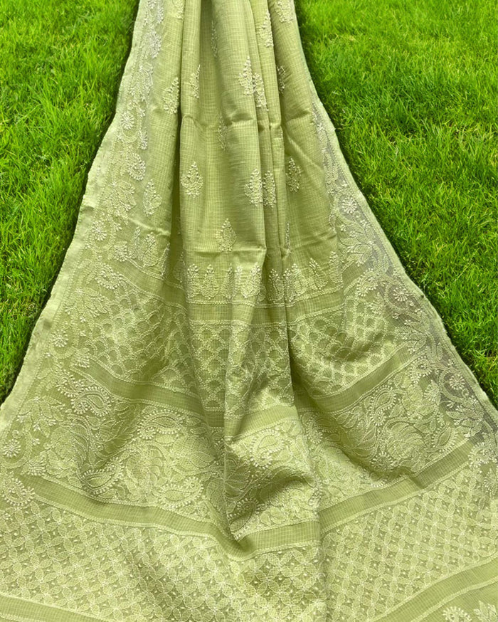 Kota Doria Saree Pastel Green Color Chikankari work without blouse - IndieHaat