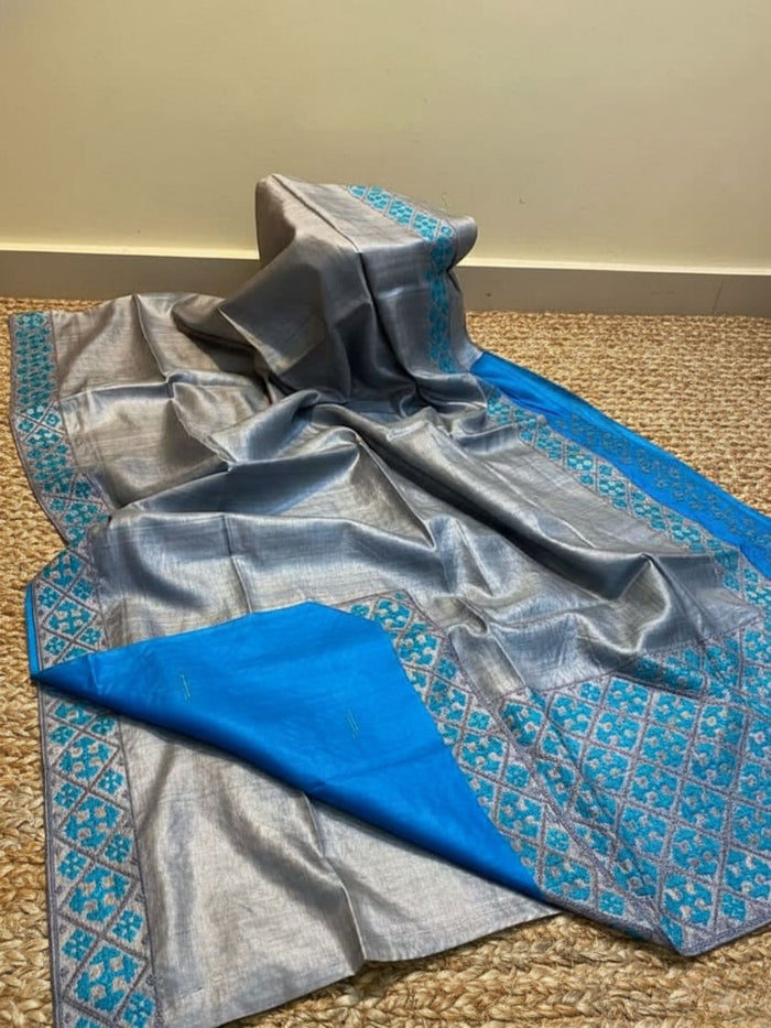 Indiehaat | Silkmark Tussar Silk Embroidery Saree Gray