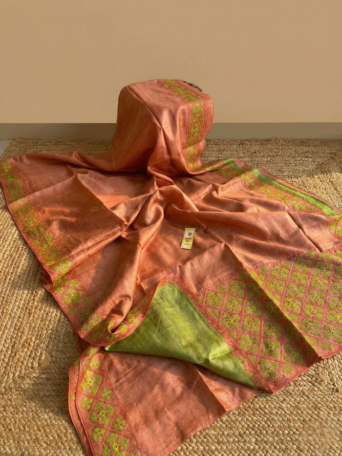 Indiehaat | Silkmark Tussar Silk Embroidery Saree Peach