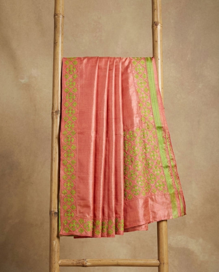 Indiehaat | Silkmark Tussar Silk Embroidery Saree Peach