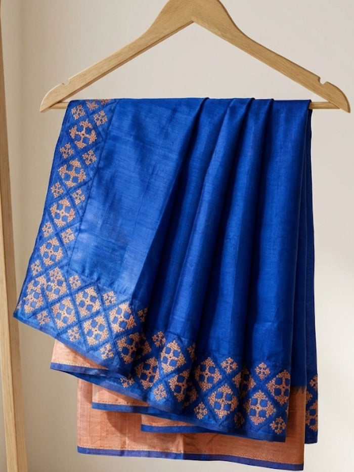Indiehaat | Silkmark Tussar Silk Embroidery Saree Blue