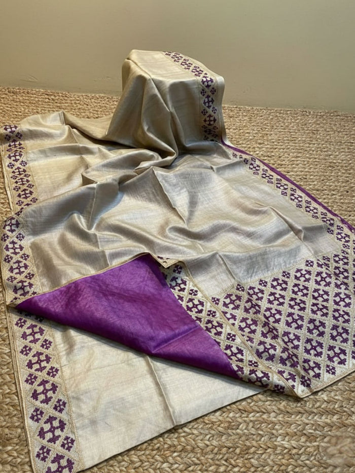 Indiehaat | Silkmark Tussar Silk Embroidery Saree Beige