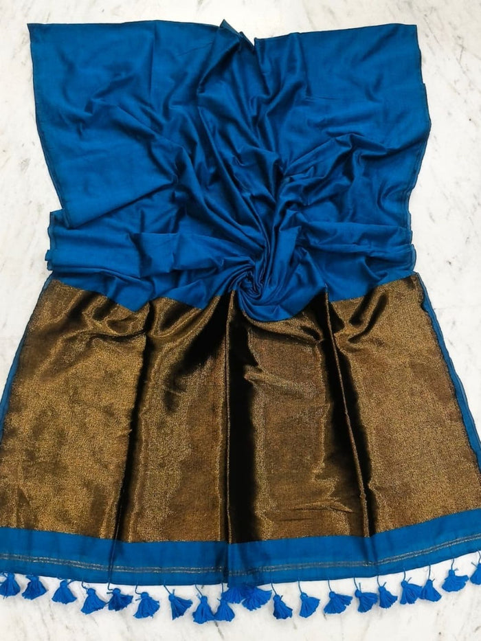 Indiehaat | Pure Cotton Handloom Zari Anchal Saree Blue