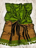 Indiehaat | Pure Cotton Handloom Zari Anchal Saree Green