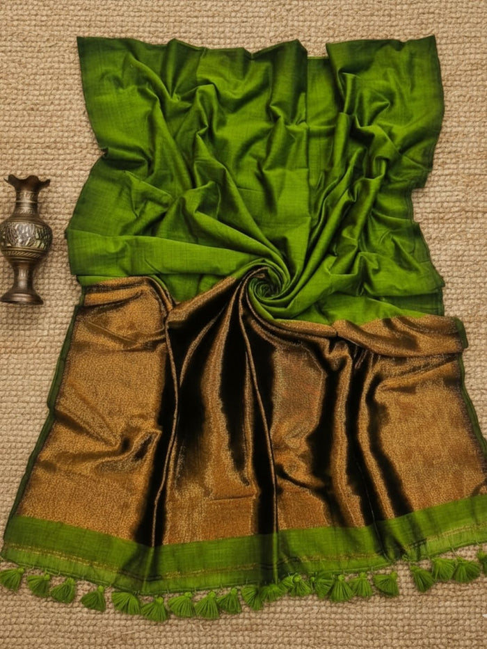 Indiehaat | Pure Cotton Handloom Zari Anchal Saree Green