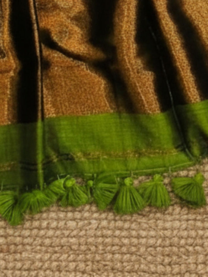 Indiehaat | Pure Cotton Handloom Zari Anchal Saree Green