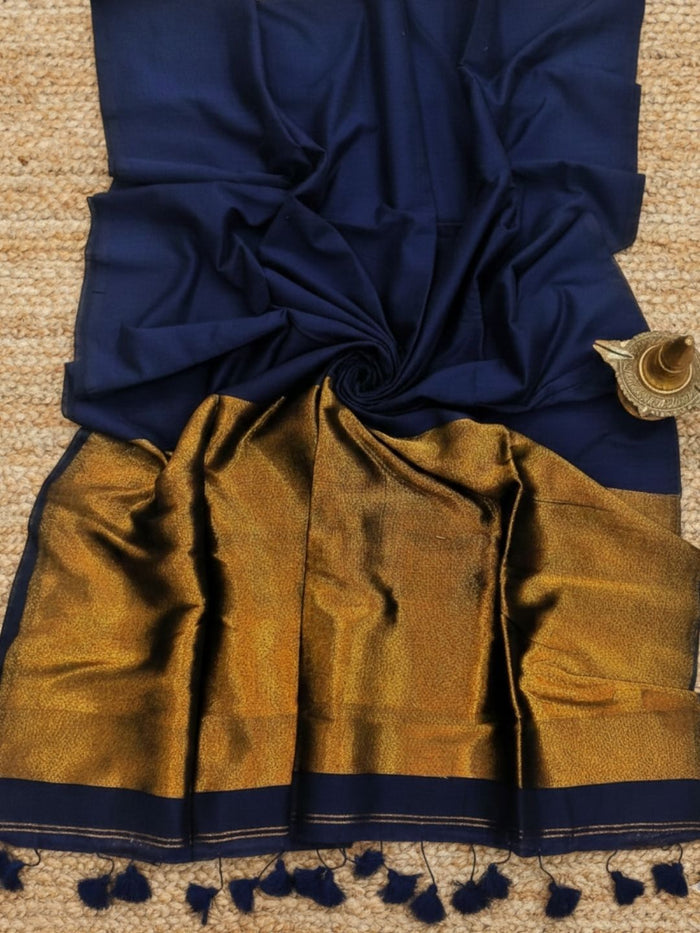 Indiehaat | Pure Cotton Handloom Zari Anchal Saree Blue