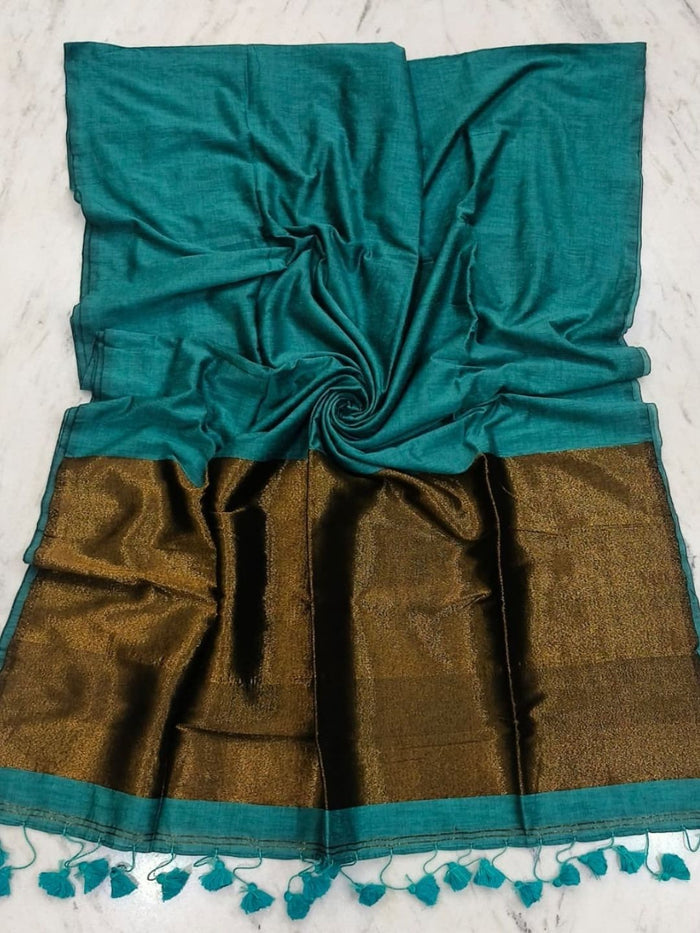 Indiehaat | Pure Cotton Handloom Zari Anchal Saree Green