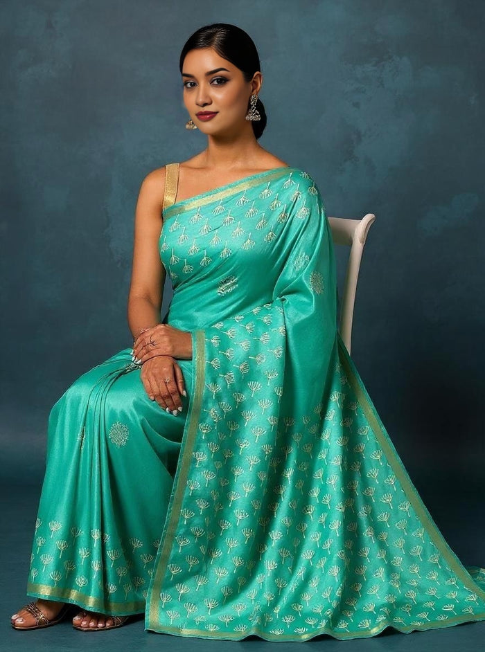 Indiehaat | Blockprint Katan Silk Saree Blue