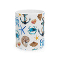 Nautical Summer Coffee Mug – 2 Sizes Beach Cup with Crabs, Anchors & Seashells