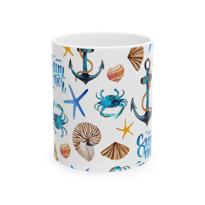 Nautical Summer Coffee Mug – 2 Sizes Beach Cup with Crabs, Anchors & Seashells