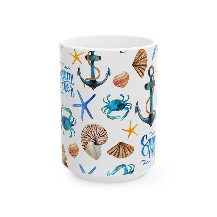 Nautical Summer Coffee Mug – 2 Sizes Beach Cup with Crabs, Anchors & Seashells