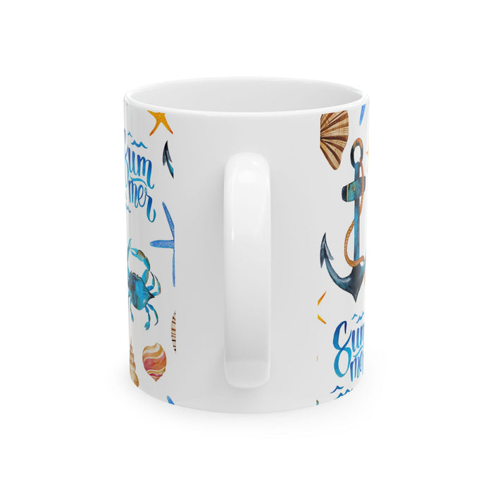 Nautical Summer Coffee Mug – 2 Sizes Beach Cup with Crabs, Anchors & Seashells