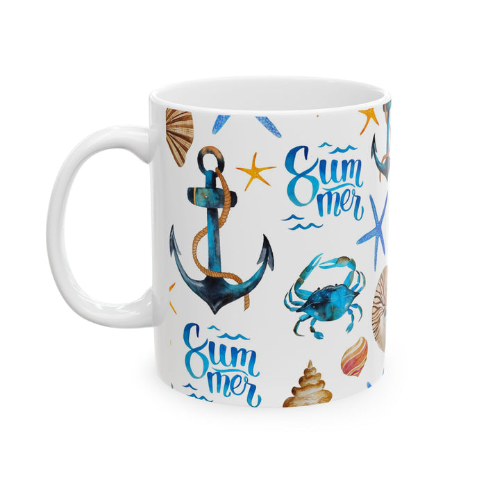 Nautical Summer Coffee Mug – 2 Sizes Beach Cup with Crabs, Anchors & Seashells