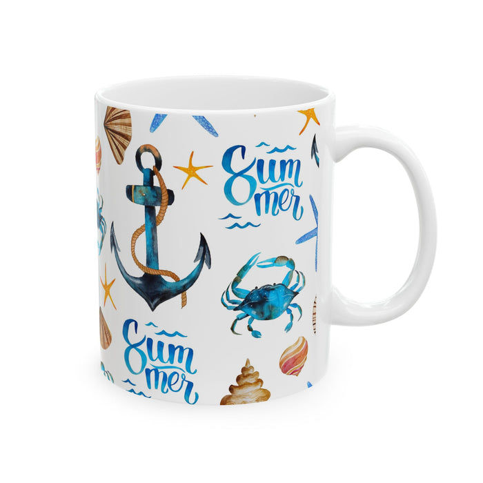 Nautical Summer Coffee Mug – 2 Sizes Beach Cup with Crabs, Anchors & Seashells