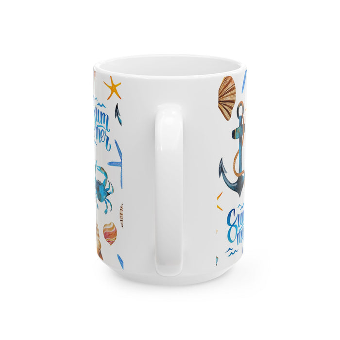 Nautical Summer Coffee Mug – 2 Sizes Beach Cup with Crabs, Anchors & Seashells