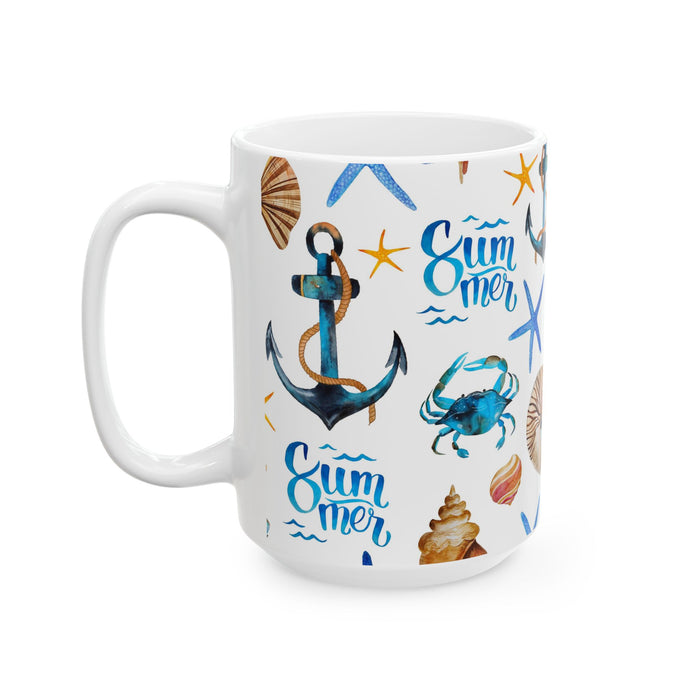 Nautical Summer Coffee Mug – 2 Sizes Beach Cup with Crabs, Anchors & Seashells