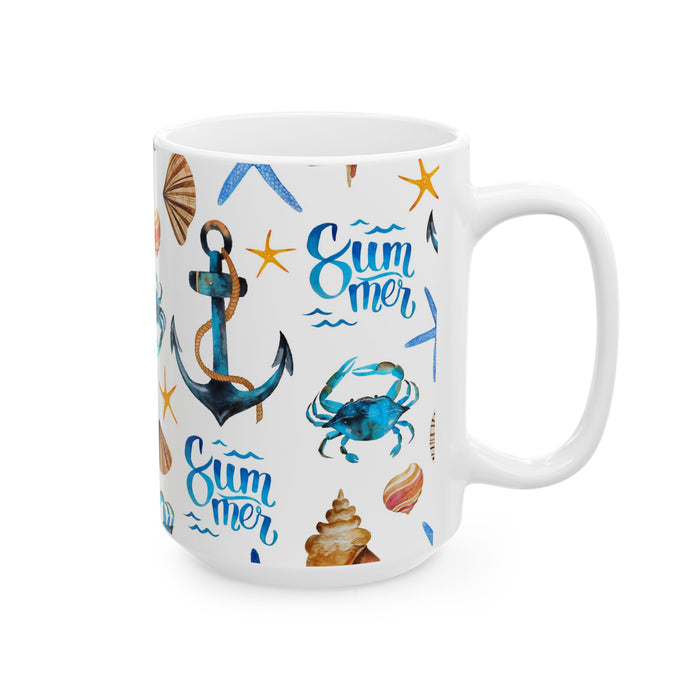 Nautical Summer Coffee Mug – 2 Sizes Beach Cup with Crabs, Anchors & Seashells