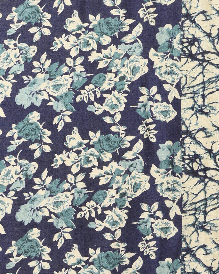 Indiehaat | Kashmiri Silk Printed Saree Navy Blue & Off-W